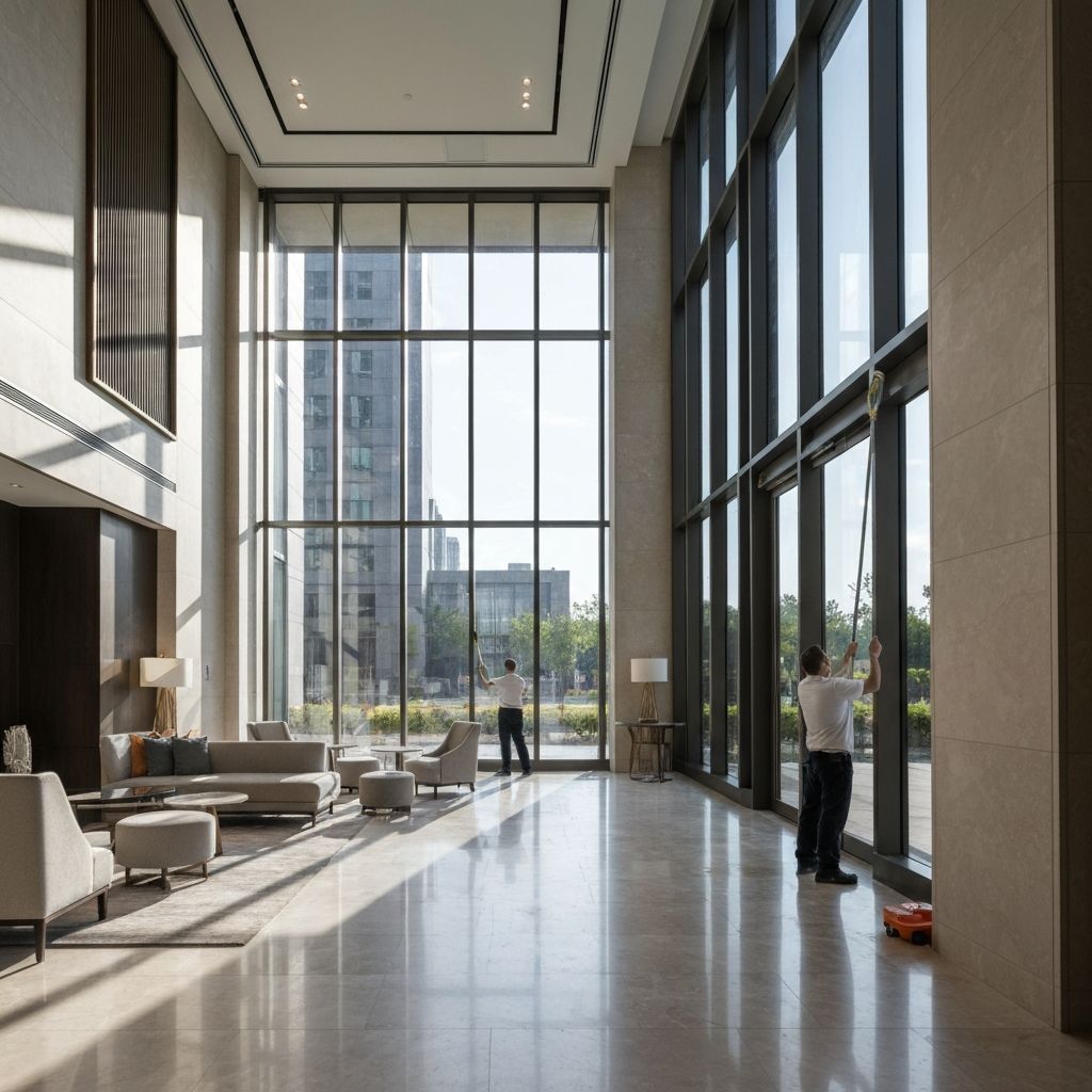 Upscale apartment lobby with professional window cleaning